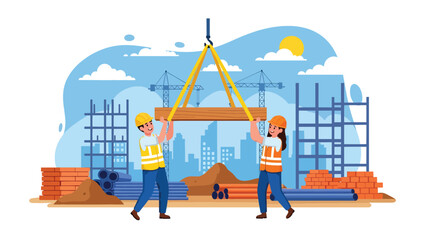 Construction workers lifting heavy materials together at an active job site, flat vector illustration emphasizing teamwork, safety equipment, strength, and professional construction labor