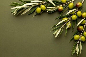 Olive branch with green olives on dark green background