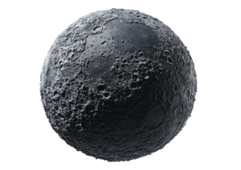 Detailed sphere with rough, cratered surface, likely a moon, on black background