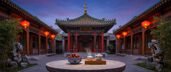 Obraz premium Serene Temple Courtyard with Lanterns and Offerings for Ramadhan 2026/1447 H Graphic Resources Banner