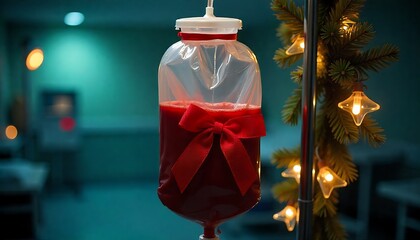 A blood bag wrapped with a red ribbon hanging from an IV pole decorated with Christmas garland and lights. Blood donation concept., created with generative ai