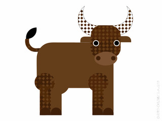 A stylized brown bull illustration with patterned horns and a simple design
