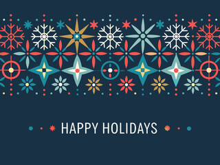 Festive winter snowflakes and star patterns with a happy holidays message