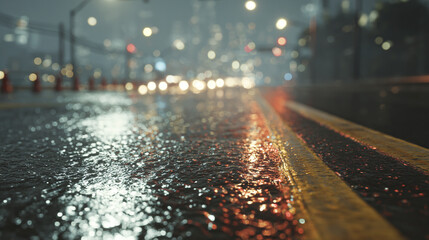 Rainy city street at night, with reflections of lights glistening on the wet asphalt and blurry lights in the background.