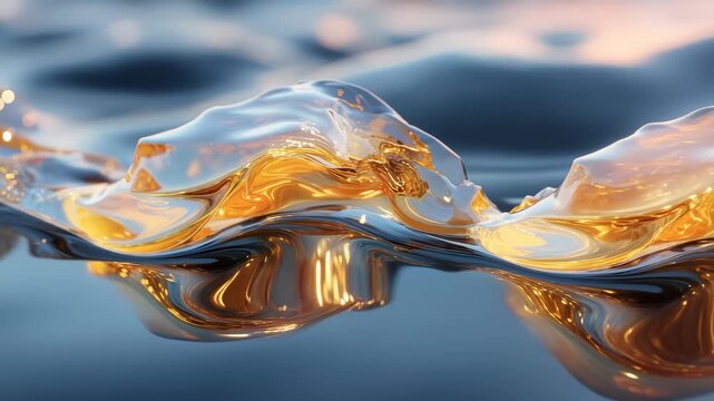 Golden translucent liquid flowing on dark fluid surface