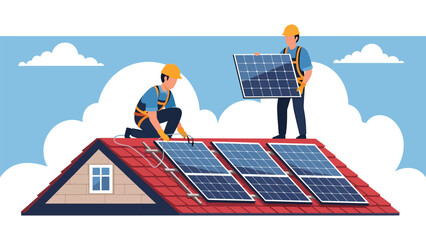 Construction workers installing solar panels on building roof, flat vector illustration highlighting sustainable construction, teamwork, safety gear, and renewable energy industry