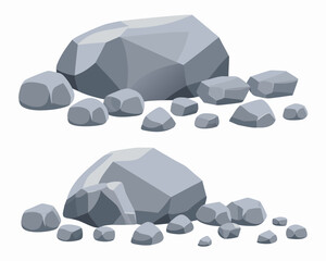 Collection of gray polygonal stones and pebbles against a white background