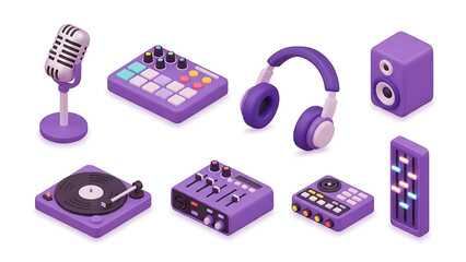 3D Purple Music Production Icons Set with Microphone, Headphones, Mixer and Speaker