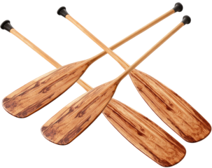 Four wooden canoe paddles with black grips, crossed in an overlapping pattern