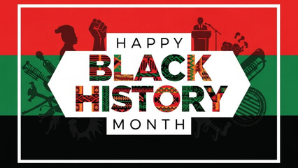 A vibrant vector graphic celebrating Black History Month with a colorful design