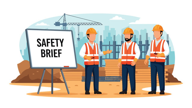 Flat vector illustration of construction workers attending a safety briefing at a construction site, ideal for workplace safety training, construction manuals, presentations, and occupational health - Powered by Adobe