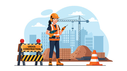 Flat vector illustration of a construction worker standing next to an under construction barrier sign at a building site, ideal for construction safety communication, roadwork warnings, infrastructure