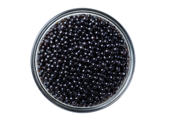 Caviar Shiny black fish roe in a small, clear bowl; overhead view, dark background
