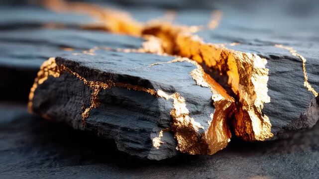 Luxurious gold veins flowing through cracks of dark rock