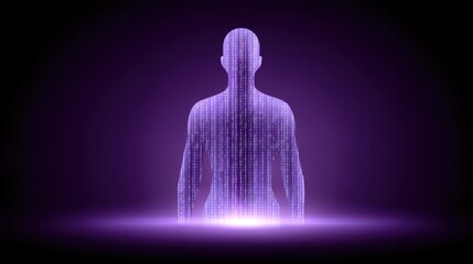 A glowing silhouette of a person composed of digital binary code against a dark purple background.