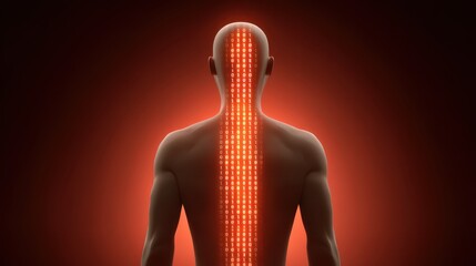 A silhouette of a human figure with a binary code pattern along the spine, set against a glowing red background, symbolizing technology and data integration in humanity.