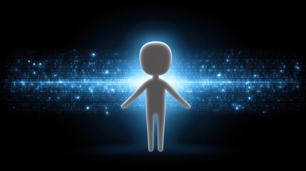 A glowing figure stands amidst a stream of digital data, representing the intersection of humanity and technology in a futuristic setting.