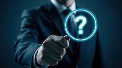 Businessman in dark office pointing at glowing question mark, customer service and help concept, FAQ information icon, technology support inquiry
