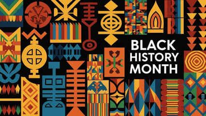 A vibrant vector graphic celebrating Black History Month with colorful African patterns and designs