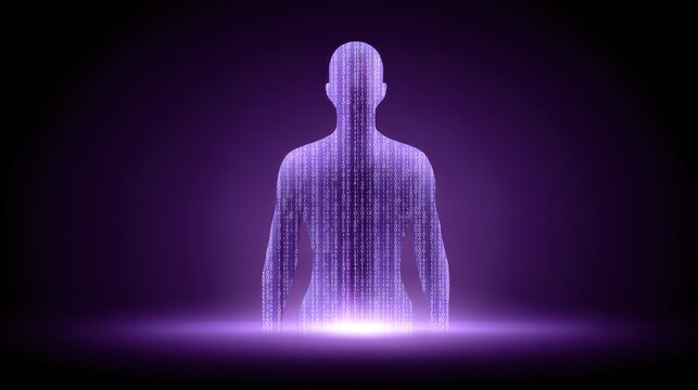 A glowing silhouette of a person composed of digital binary code against a dark purple background. - Powered by Adobe