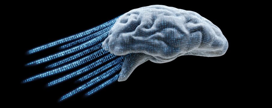A stylized brain appears to be emitting streams of binary code, symbolizing the fusion of technology and human cognition. - Powered by Adobe