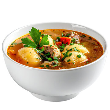 A rustic presentation of chuchvara in broth, an authentic central asian meal, isolated on a clean white studio background