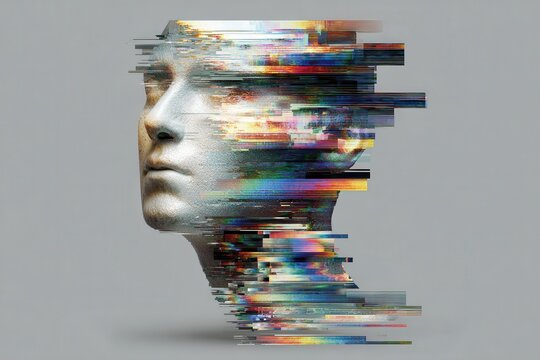 Silver head with colorful glitch effect, gray background, side view. Represents artificial intelligence, technology, or a modern digital concept.
