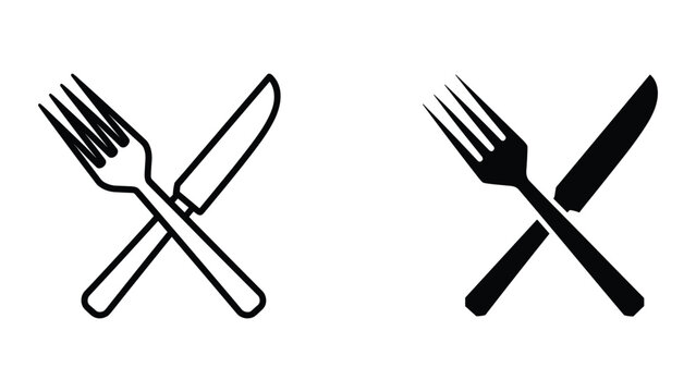 Crossed knife and fork icon set on white background