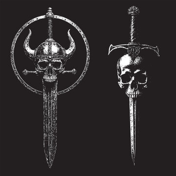 Viking skulls with swords in medieval combat illustration