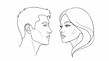 Line art drawing of a man and woman facing each other.