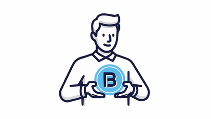 Man holding a glowing blue Bitcoin cryptocurrency coin symbol.