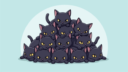 A large pile of cute cartoon black cats stacked together.