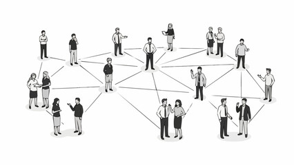 Diverse group of people connected in a network diagram.