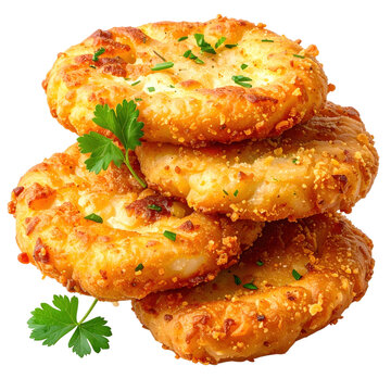 Assorted fried chuchvara dumplings, some golden and some darker, isolated on a clean and bright white studio background