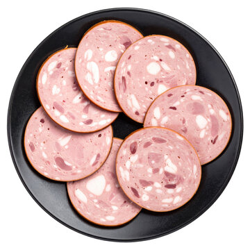 Rich and flavorful kazy horse sausage slices, a festive central asian meat, professionally plated and isolated on a white background