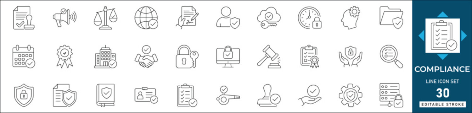 Compliance line icon set featuring AI ethics, regulatory standards, and data privacy symbols. Ideal for corporate governance, legal reports, and web design. Fully editable