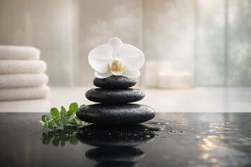 Zen spa stones on wet surface with white orchid, stacked hot rocks, soft daylight, folded towels in background, wellness relaxation and balance concept
