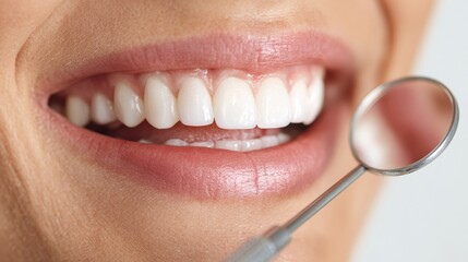 Fototapeta premium Healthy Bright Smile With Dental Mirror Reflecting Perfect Teeth Against Clean White Background for International Dentist Day