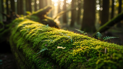 Sunlight Through Moss Covered Log in Forest, Fresh Green Nature Background
