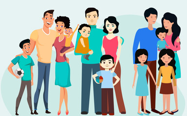 Obraz premium Happy Family Cartoon Color Illustration with Parents and Kids