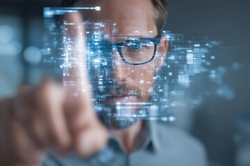 professional interacting with transparent digital interface