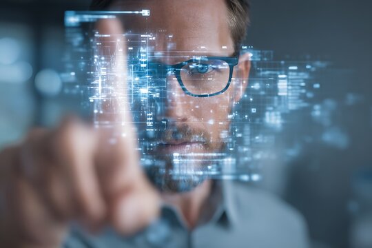 professional interacting with transparent digital interface