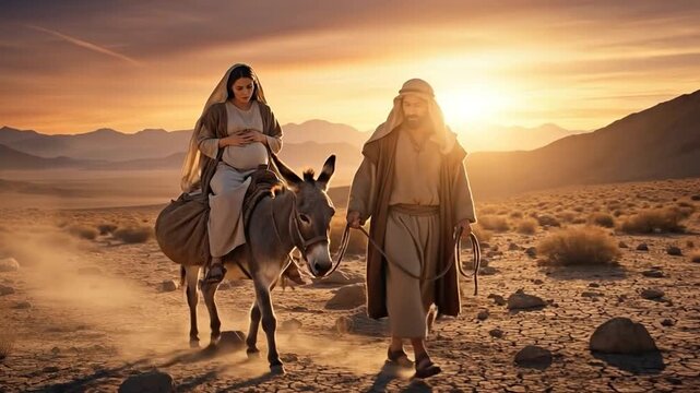Joseph leading donkey carrying Mary across dramatic biblical desert.