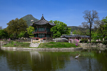 Naklejka premium A heron rests in Hyangwonji Lake beside Hyangwonjeong Pavilion.