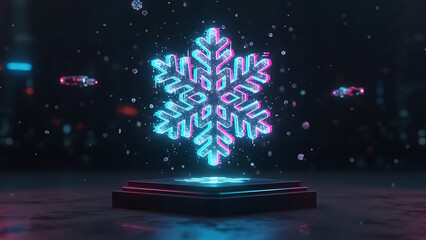 A stunning neon holographic snowflake artifact hovers above a geometric crystal pedestal, glowing intensely with bright cyan and magenta digital light projections in a dark cityscape.