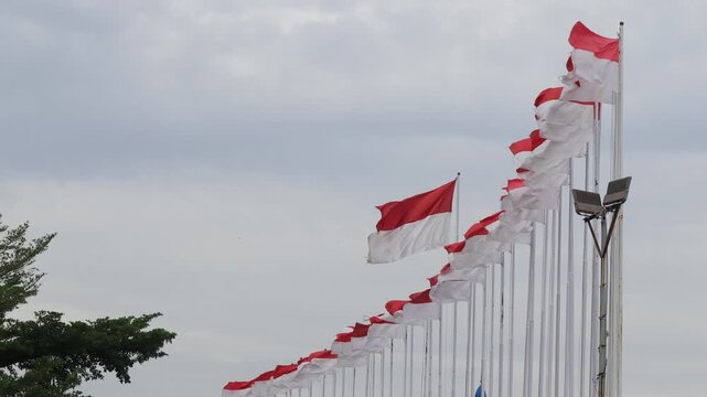Video The Indonesian flag, Red and White, flies on a pole against a blue sky background.