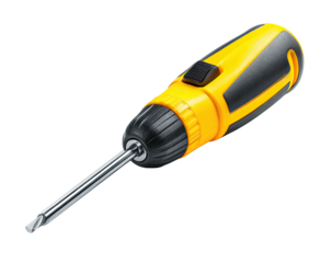 Yellow and black screwdriver with a bit driver and a metal shaft