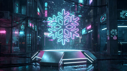 A stunning neon holographic snowflake artifact hovers above a geometric crystal pedestal, glowing intensely with bright cyan and magenta digital light projections in a dark cityscape.