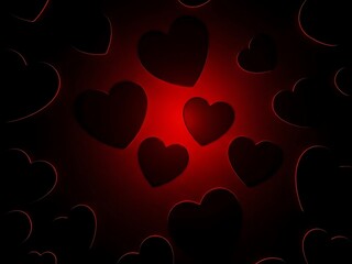 Glowing dark red hearts on black background for Valentine’s Day