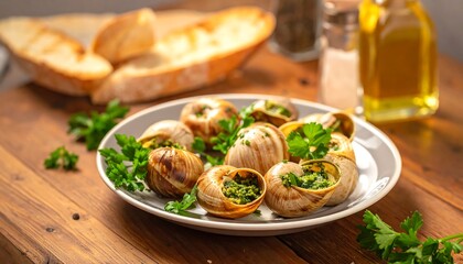 Snail dish with parsley, bread, oil and condiments, rustic setting